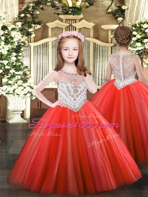 Enchanting Red Ball Gowns Beading Ball Gown Prom Dress Lace Up Tulle Sleeveless Floor Length