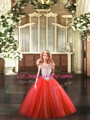 Enchanting Red Ball Gowns Beading Ball Gown Prom Dress Lace Up Tulle Sleeveless Floor Length