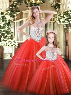 Enchanting Red Ball Gowns Beading Ball Gown Prom Dress Lace Up Tulle Sleeveless Floor Length