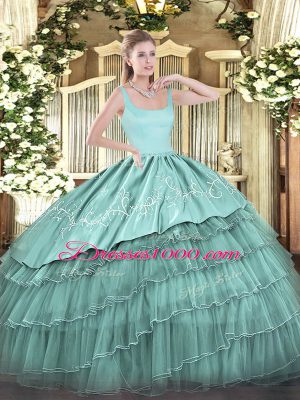 Blue Ball Gowns Organza Straps Sleeveless Embroidery and Ruffled Layers Floor Length Zipper Sweet 16 Quinceanera Dress