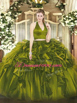 Hot Selling Floor Length Zipper Ball Gown Prom Dress Olive Green for Military Ball and Sweet 16 and Quinceanera with Ruffles