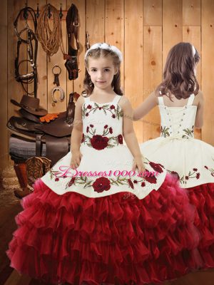 Adorable Floor Length Red Party Dresses Organza Sleeveless Ruffled Layers