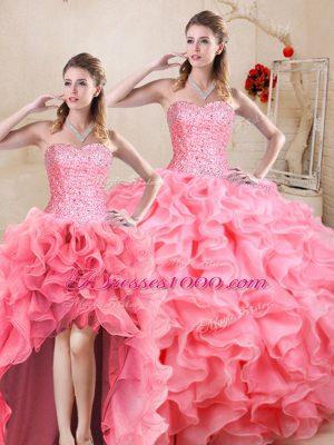 Sweetheart Sleeveless Organza 15th Birthday Dress Beading and Ruffles Lace Up