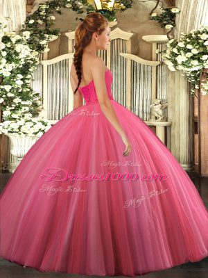 Delicate Rose Pink Tulle Lace Up Sweet 16 Dresses Sleeveless Floor Length Beading