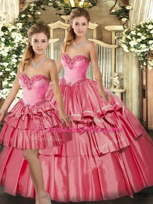 Fabulous Watermelon Red Sleeveless Floor Length Beading and Ruffled Layers Lace Up Quinceanera Gowns