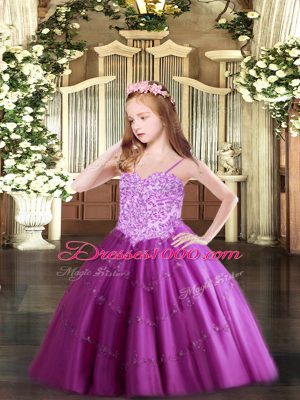 Fuchsia Tulle Lace Up Spaghetti Straps Sleeveless Floor Length Girls Pageant Dresses Appliques