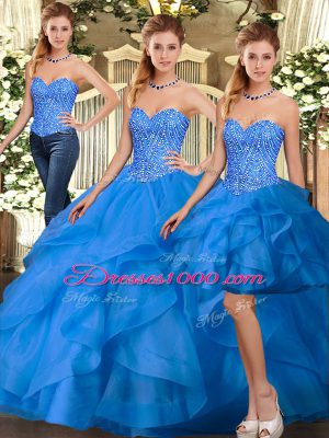 Best Selling Blue Sleeveless Organza Lace Up Quinceanera Dresses for Military Ball and Sweet 16 and Quinceanera