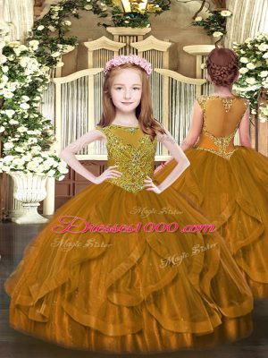 Sleeveless Organza Floor Length Lace Up Ball Gown Prom Dress in Brown with Beading and Ruffles