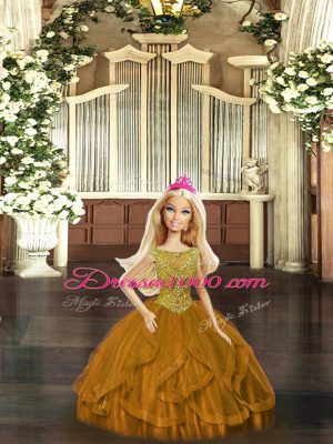 Sleeveless Organza Floor Length Lace Up Ball Gown Prom Dress in Brown with Beading and Ruffles