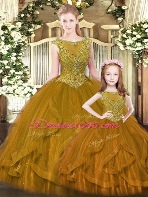 Sleeveless Organza Floor Length Lace Up Ball Gown Prom Dress in Brown with Beading and Ruffles