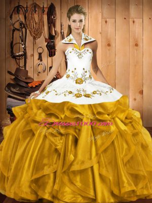 Inexpensive Satin and Organza Halter Top Sleeveless Lace Up Embroidery and Ruffles Sweet 16 Quinceanera Dress in Gold