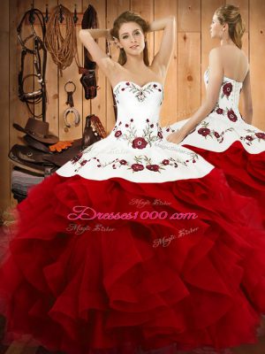 Amazing Wine Red Halter Top Lace Up Embroidery and Ruffles Ball Gown Prom Dress Sleeveless