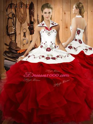 Amazing Wine Red Halter Top Lace Up Embroidery and Ruffles Ball Gown Prom Dress Sleeveless