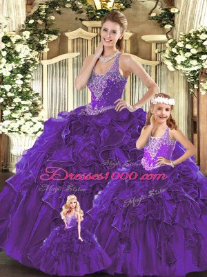 Low Price Purple Ball Gowns Beading and Ruffles Quinceanera Gowns Lace Up Organza Sleeveless Floor Length