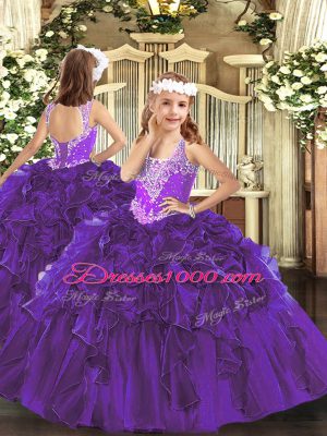 Low Price Purple Ball Gowns Beading and Ruffles Quinceanera Gowns Lace Up Organza Sleeveless Floor Length