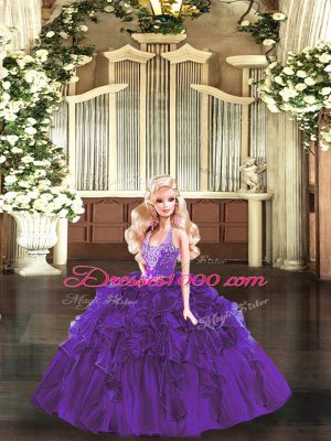 Low Price Purple Ball Gowns Beading and Ruffles Quinceanera Gowns Lace Up Organza Sleeveless Floor Length