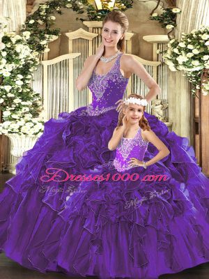 Low Price Purple Ball Gowns Beading and Ruffles Quinceanera Gowns Lace Up Organza Sleeveless Floor Length