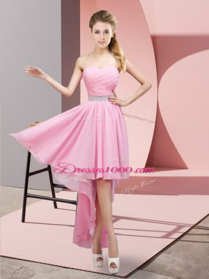 Pink A-line Sweetheart Sleeveless Chiffon High Low Lace Up Beading Bridesmaid Dress