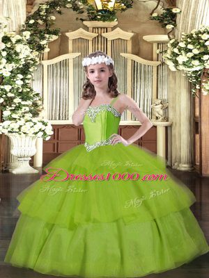 Super Sleeveless Organza Floor Length Lace Up Kids Pageant Dress in Olive Green with Beading and Ruffled Layers