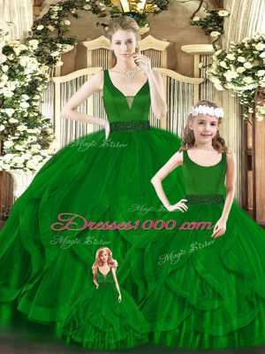 Green Ball Gowns Beading and Ruffles Quinceanera Gowns Zipper Organza Sleeveless Floor Length