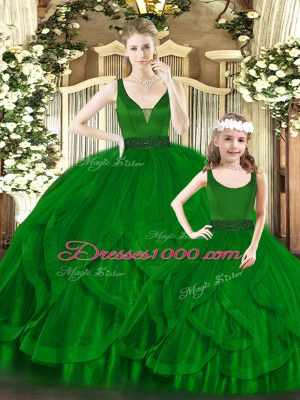 Green Ball Gowns Beading and Ruffles Quinceanera Gowns Zipper Organza Sleeveless Floor Length