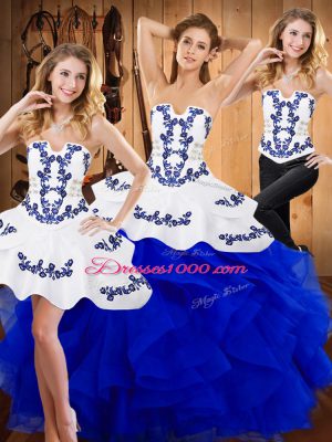 Blue Strapless Neckline Embroidery and Ruffles Quince Ball Gowns Sleeveless Lace Up