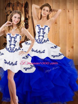 Blue Strapless Neckline Embroidery and Ruffles Quince Ball Gowns Sleeveless Lace Up