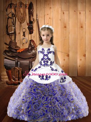 Multi-color Fabric With Rolling Flowers Lace Up Child Pageant Dress Sleeveless Floor Length Embroidery and Ruffles