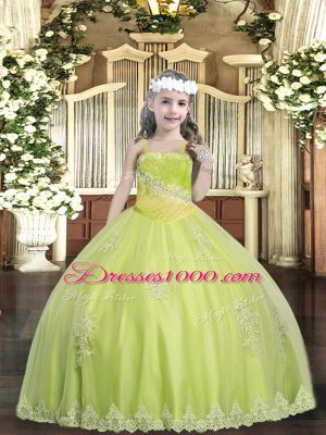 Sleeveless Tulle Floor Length Lace Up Little Girl Pageant Gowns in Yellow Green with Appliques and Sequins
