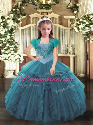 Best Beading and Ruffles Kids Formal Wear Teal Lace Up Sleeveless Floor Length