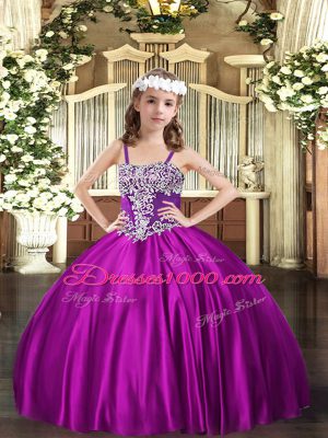 Excellent Floor Length Fuchsia Pageant Dress for Girls Straps Sleeveless Lace Up