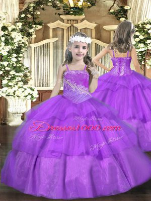 Graceful Purple Organza Lace Up Pageant Dress Womens Sleeveless Floor Length Beading and Ruffled Layers