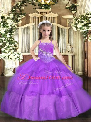 Graceful Purple Organza Lace Up Pageant Dress Womens Sleeveless Floor Length Beading and Ruffled Layers