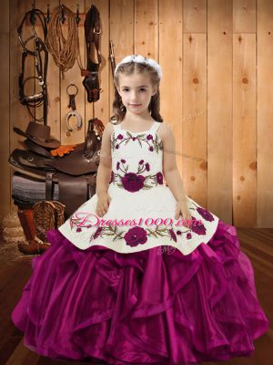 High Class Sleeveless Floor Length Embroidery and Ruffles Lace Up Pageant Gowns For Girls with Fuchsia