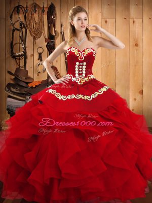 Sweetheart Sleeveless Satin and Organza Sweet 16 Quinceanera Dress Embroidery and Ruffles Lace Up