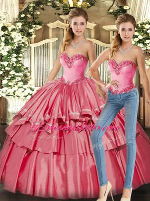Beading and Ruffled Layers Vestidos de Quinceanera Watermelon Red Lace Up Sleeveless Floor Length