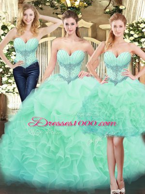 Apple Green Sleeveless Floor Length Beading and Ruffles Lace Up Quinceanera Gown