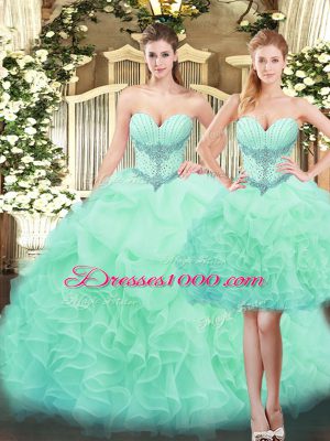 Apple Green Sleeveless Floor Length Beading and Ruffles Lace Up Quinceanera Gown