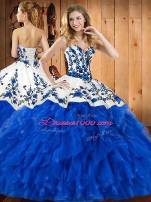 Nice Floor Length Lace Up Vestidos de Quinceanera Blue for Military Ball and Sweet 16 and Quinceanera with Embroidery and Ruffles