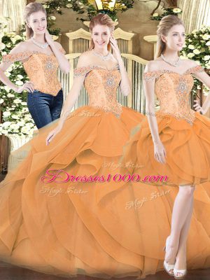 Ruffles Quinceanera Gown Orange Red Lace Up Sleeveless Floor Length