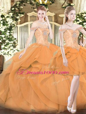 Ruffles Quinceanera Gown Orange Red Lace Up Sleeveless Floor Length