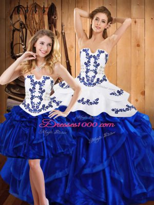 Flirting Embroidery and Ruffles Quince Ball Gowns Blue Lace Up Sleeveless Floor Length