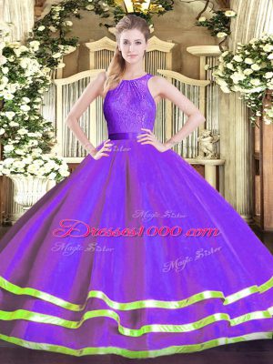 Scoop Sleeveless Ball Gown Prom Dress Floor Length Lace Eggplant Purple Tulle