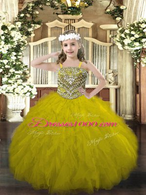 Dramatic Olive Green Little Girl Pageant Dress Party and Quinceanera with Beading and Ruffles Straps Sleeveless Lace Up