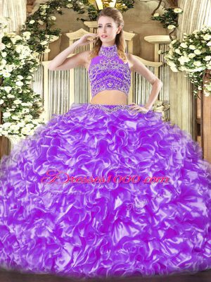 Amazing Lavender Backless 15th Birthday Dress Beading and Ruffles Sleeveless Floor Length