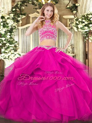 Custom Design Tulle Sleeveless Floor Length 15th Birthday Dress and Beading and Ruffles