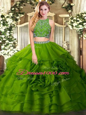 Olive Green Sleeveless Beading and Ruffled Layers Floor Length Quince Ball Gowns