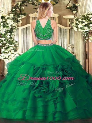 Olive Green Sleeveless Beading and Ruffled Layers Floor Length Quince Ball Gowns