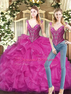 Most Popular Fuchsia V-neck Lace Up Ruffles Ball Gown Prom Dress Sleeveless