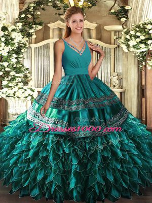 Teal Ball Gowns Beading and Ruffles Sweet 16 Dresses Zipper Organza Sleeveless Floor Length